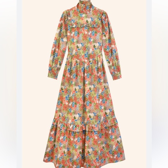 Pink and Green Long Sleeve Gown with Mock Neck - Picture 2 of 16